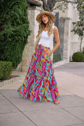 Women's 2024 Summer Skirt High Waist Flowy A Line Boho Skirt Maxi Skirt with Pockets in Saudi Arabia