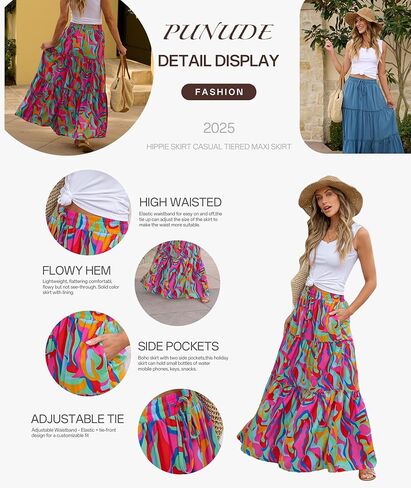 Women's 2024 Summer Skirt High Waist Flowy A Line Boho Skirt Maxi Skirt with Pockets in Saudi Arabia