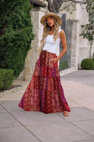 Women's 2024 Summer Skirt High Waist Flowy A Line Boho Skirt Maxi Skirt with Pockets in Saudi Arabia