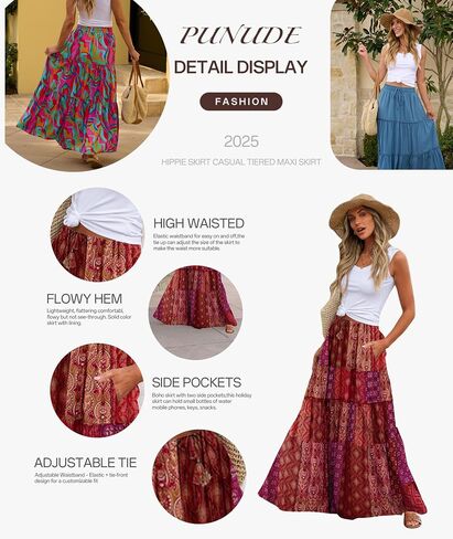 Women's 2024 Summer Skirt High Waist Flowy A Line Boho Skirt Maxi Skirt with Pockets in Saudi Arabia