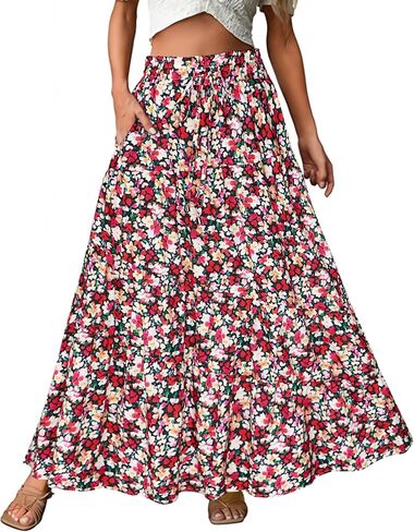 ECOWISH Women Boho Maxi Skirt: Summer Asymmetric Tiered Drawstring Elastic High Waist A-Line Flowy Long Skirts with Pockets in Saudi Arabia