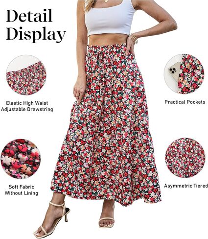 ECOWISH Women Boho Maxi Skirt: Summer Asymmetric Tiered Drawstring Elastic High Waist A-Line Flowy Long Skirts with Pockets in Saudi Arabia