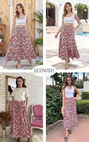 ECOWISH Women Boho Maxi Skirt: Summer Asymmetric Tiered Drawstring Elastic High Waist A-Line Flowy Long Skirts with Pockets in Saudi Arabia