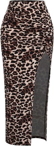 Women's Leopard Print Slit Split Maxi Skirt Ruched Y2K Long Skirts in Kuwait