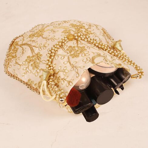 NEW! Touchstone Indian Hand Embroidered Floral Shopping Gifts Jewelry Wedding Sweet Distribution Faux Pearls Strings Drawstring Blue Orange Grey Fancy Bag Purse Pouch (Set of 3) for Women. in Saudi Arabia