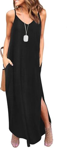 HUSKARY Women's Summer Casual Sleeveless V Neck Strappy Split Loose Dress Beach Cover Up Long Cami Maxi Dresses with Pocket in Saudi Arabia