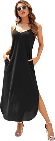 HUSKARY Women's Summer Casual Sleeveless V Neck Strappy Split Loose Dress Beach Cover Up Long Cami Maxi Dresses with Pocket in Saudi Arabia