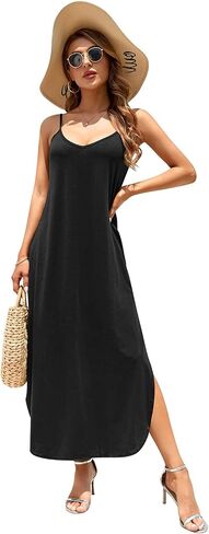 HUSKARY Women's Summer Casual Sleeveless V Neck Strappy Split Loose Dress Beach Cover Up Long Cami Maxi Dresses with Pocket in Saudi Arabia