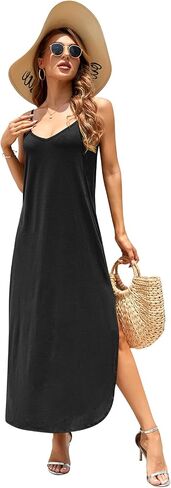 HUSKARY Women's Summer Casual Sleeveless V Neck Strappy Split Loose Dress Beach Cover Up Long Cami Maxi Dresses with Pocket in Saudi Arabia