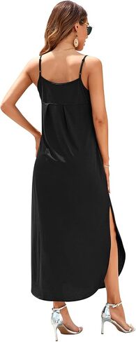 HUSKARY Women's Summer Casual Sleeveless V Neck Strappy Split Loose Dress Beach Cover Up Long Cami Maxi Dresses with Pocket in Saudi Arabia