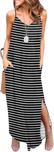 HUSKARY Women's Summer Casual Sleeveless V Neck Strappy Split Loose Dress Beach Cover Up Long Cami Maxi Dresses with Pocket in Saudi Arabia