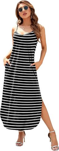 HUSKARY Women's Summer Casual Sleeveless V Neck Strappy Split Loose Dress Beach Cover Up Long Cami Maxi Dresses with Pocket in Saudi Arabia