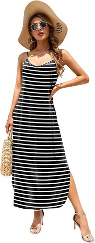 HUSKARY Women's Summer Casual Sleeveless V Neck Strappy Split Loose Dress Beach Cover Up Long Cami Maxi Dresses with Pocket in Saudi Arabia