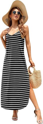 HUSKARY Women's Summer Casual Sleeveless V Neck Strappy Split Loose Dress Beach Cover Up Long Cami Maxi Dresses with Pocket in Saudi Arabia