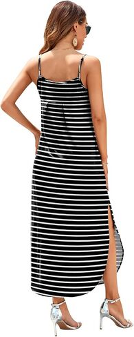 HUSKARY Women's Summer Casual Sleeveless V Neck Strappy Split Loose Dress Beach Cover Up Long Cami Maxi Dresses with Pocket in Saudi Arabia