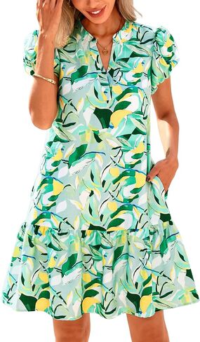 dowerme Womens Summer Dresses 2025 Puffy Sleeve V Neck Loose Floral Print A Line Boho Mini Babydoll Dress with Pockets in Saudi Arabia