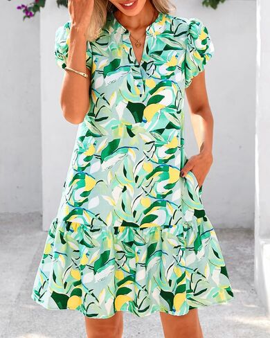 dowerme Womens Summer Dresses 2025 Puffy Sleeve V Neck Loose Floral Print A Line Boho Mini Babydoll Dress with Pockets in Saudi Arabia