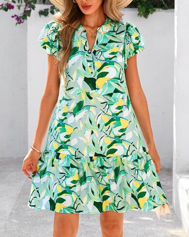 dowerme Womens Summer Dresses 2025 Puffy Sleeve V Neck Loose Floral Print A Line Boho Mini Babydoll Dress with Pockets in Saudi Arabia