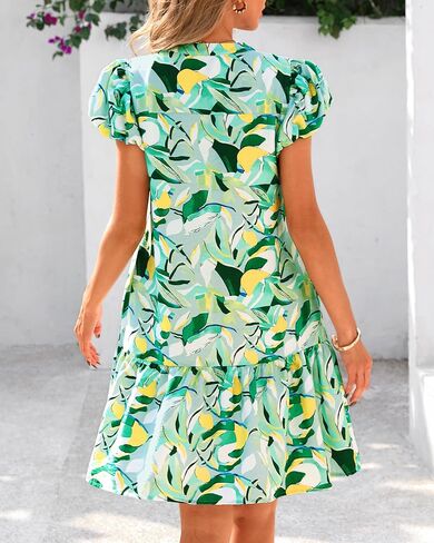 dowerme Womens Summer Dresses 2025 Puffy Sleeve V Neck Loose Floral Print A Line Boho Mini Babydoll Dress with Pockets in Saudi Arabia