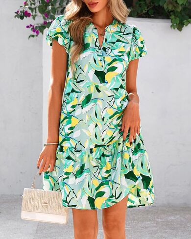dowerme Womens Summer Dresses 2025 Puffy Sleeve V Neck Loose Floral Print A Line Boho Mini Babydoll Dress with Pockets in Saudi Arabia