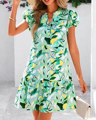dowerme Womens Summer Dresses 2025 Puffy Sleeve V Neck Loose Floral Print A Line Boho Mini Babydoll Dress with Pockets in Saudi Arabia