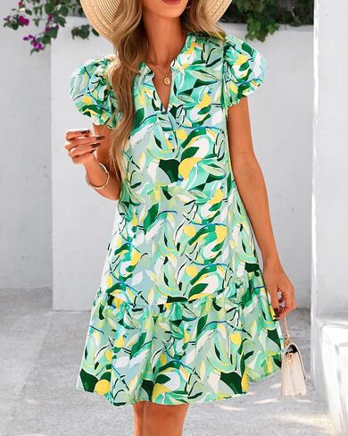 dowerme Womens Summer Dresses 2025 Puffy Sleeve V Neck Loose Floral Print A Line Boho Mini Babydoll Dress with Pockets in Saudi Arabia