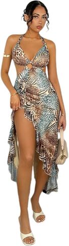 WDIRARA Women's Halter Cut Out Dress Printing Ruffle Asymmetrical Hem High Slit Mesh Dresses in Kuwait