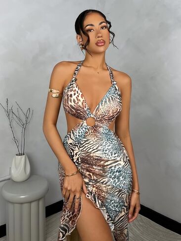 WDIRARA Women's Halter Cut Out Dress Printing Ruffle Asymmetrical Hem High Slit Mesh Dresses in Kuwait