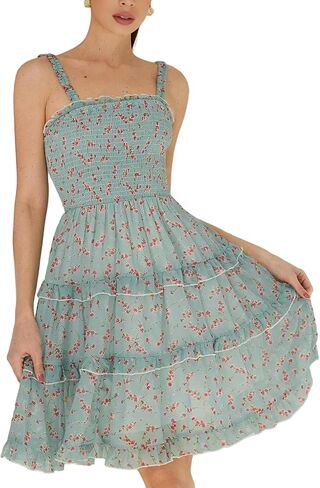 Women's 2025 Summer Floral Dress Square Neck Strapped Swing A Line Beach Dress in Saudi Arabia
