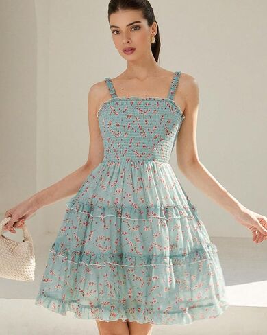 Women's 2025 Summer Floral Dress Square Neck Strapped Swing A Line Beach Dress in Saudi Arabia