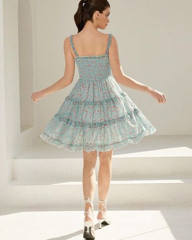 Women's 2025 Summer Floral Dress Square Neck Strapped Swing A Line Beach Dress in Saudi Arabia