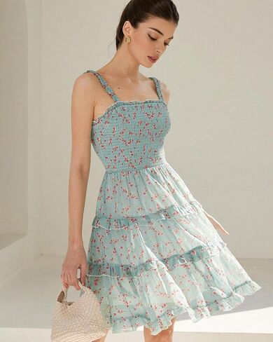 Women's 2025 Summer Floral Dress Square Neck Strapped Swing A Line Beach Dress in Saudi Arabia