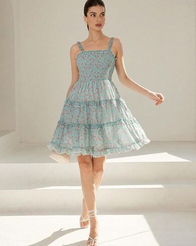 Women's 2025 Summer Floral Dress Square Neck Strapped Swing A Line Beach Dress in Saudi Arabia