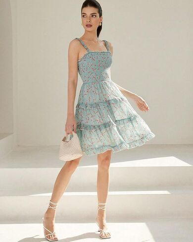 Women's 2025 Summer Floral Dress Square Neck Strapped Swing A Line Beach Dress in Saudi Arabia