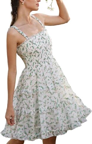 Women's 2025 Summer Floral Dress Square Neck Strapped Swing A Line Beach Dress in Saudi Arabia