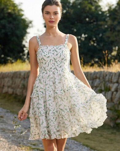 Women's 2025 Summer Floral Dress Square Neck Strapped Swing A Line Beach Dress in Saudi Arabia