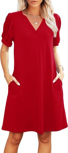 V-Neck Summer Casual Sundress for Women- Puff Short Sleeve Swing Beach Dress with Pockets in Kuwait