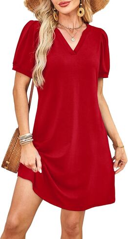 V-Neck Summer Casual Sundress for Women- Puff Short Sleeve Swing Beach Dress with Pockets in Kuwait