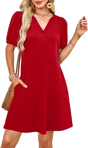 V-Neck Summer Casual Sundress for Women- Puff Short Sleeve Swing Beach Dress with Pockets in Kuwait