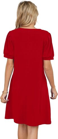 V-Neck Summer Casual Sundress for Women- Puff Short Sleeve Swing Beach Dress with Pockets in Kuwait