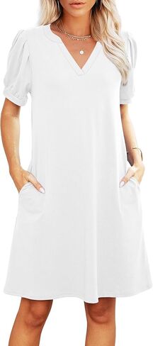 V-Neck Summer Casual Sundress for Women- Puff Short Sleeve Swing Beach Dress with Pockets in Kuwait