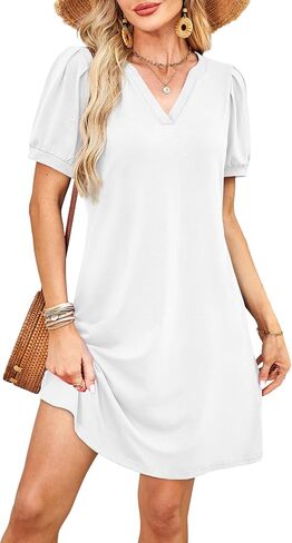 V-Neck Summer Casual Sundress for Women- Puff Short Sleeve Swing Beach Dress with Pockets in Kuwait