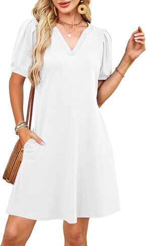 V-Neck Summer Casual Sundress for Women- Puff Short Sleeve Swing Beach Dress with Pockets in Kuwait