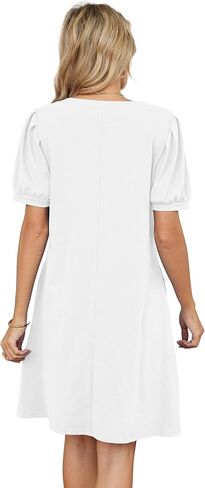 V-Neck Summer Casual Sundress for Women- Puff Short Sleeve Swing Beach Dress with Pockets in Kuwait