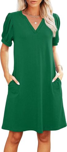 V-Neck Summer Casual Sundress for Women- Puff Short Sleeve Swing Beach Dress with Pockets in Kuwait