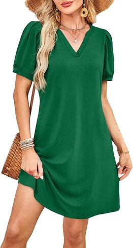 V-Neck Summer Casual Sundress for Women- Puff Short Sleeve Swing Beach Dress with Pockets in Kuwait