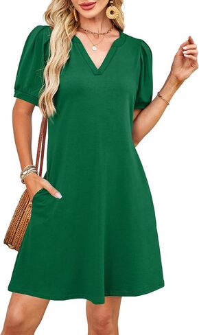 V-Neck Summer Casual Sundress for Women- Puff Short Sleeve Swing Beach Dress with Pockets in Kuwait