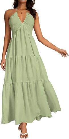 OYOANGLE Women's V Neck Tie Backless Halter Dress Ruched Flowy Vacation Maxi Dresses in Kuwait