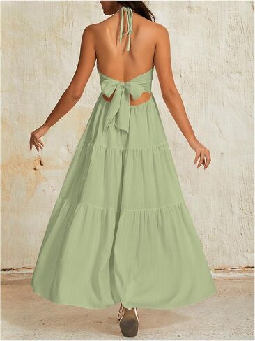 OYOANGLE Women's V Neck Tie Backless Halter Dress Ruched Flowy Vacation Maxi Dresses in Kuwait