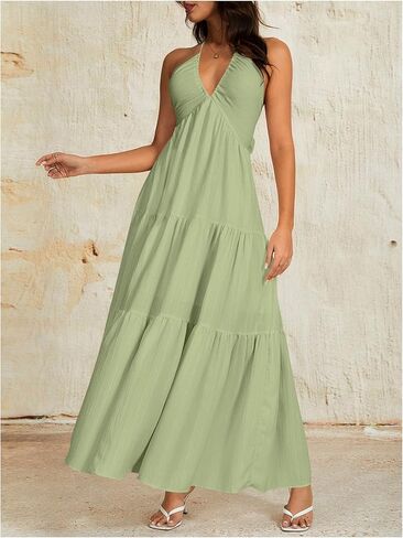 OYOANGLE Women's V Neck Tie Backless Halter Dress Ruched Flowy Vacation Maxi Dresses in Kuwait